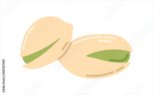 Vector isolated on white, flat illustration of green pistachio nut in shell.