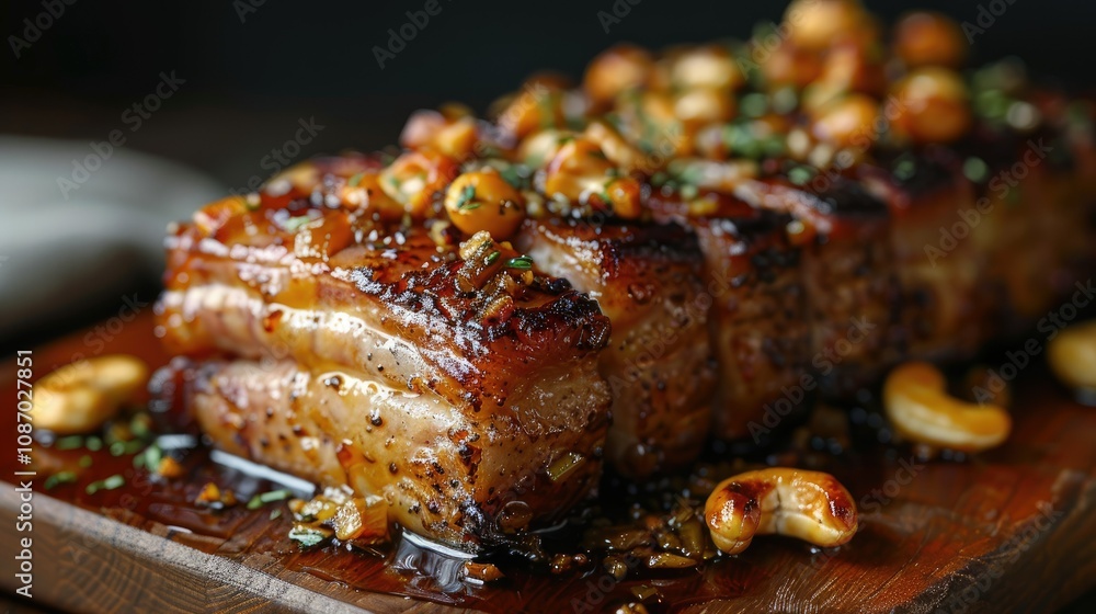 Crispy pork belly with cashew nuts and herbs on a wooden board. Crispy pork belly with cashew nuts and herbs on a wooden board.