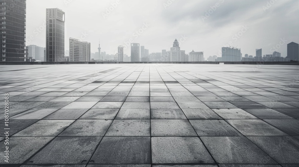 Fototapeta premium Empty square floor with city skyline background, Urban square with seasonal holiday market, festive city scene