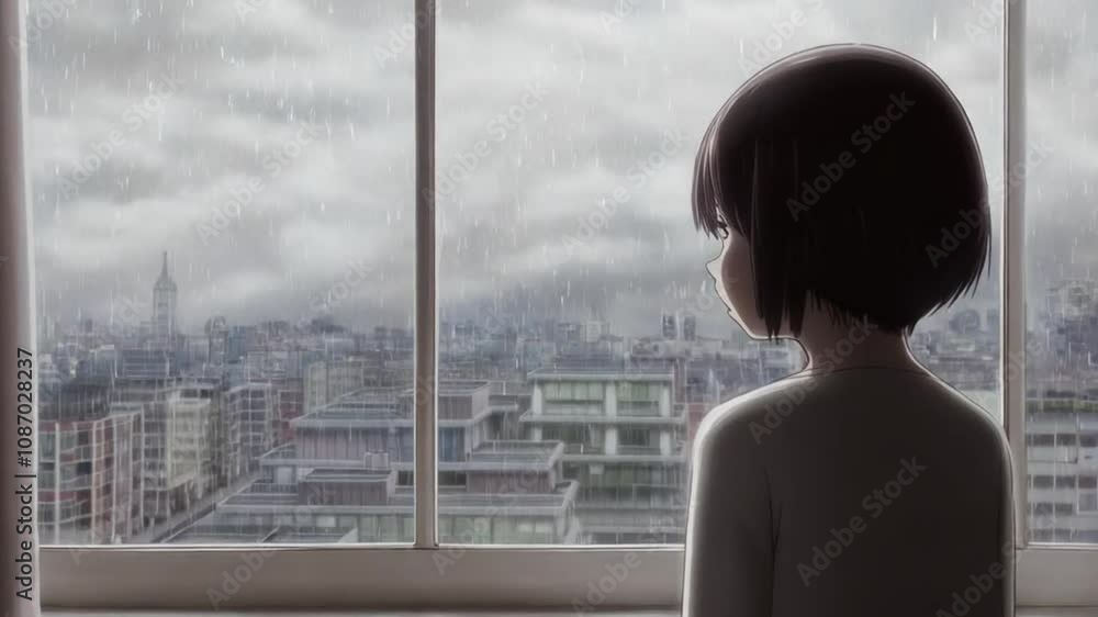 Lofi animation. Sad girl backside standing near window and rain outside widow anime manga style city view wide shot. Ai Created But manually modified and animated, Seamless loop, lofi Lofi animation. Sad girl backside standing near window and rain outside widow anime manga style city view wide shot. Ai Created But manually modified and animated, Seamless loop, lofi