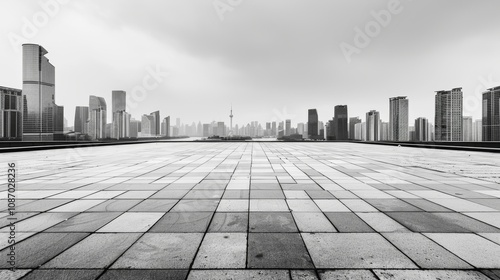 Empty square floor with city skyline background, Urban square with seasonal holiday market, festive city scene photo