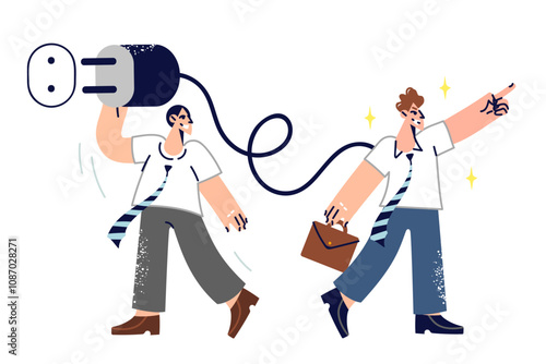 Man manager motivates subordinate to work by connecting employee to outlet to recharge