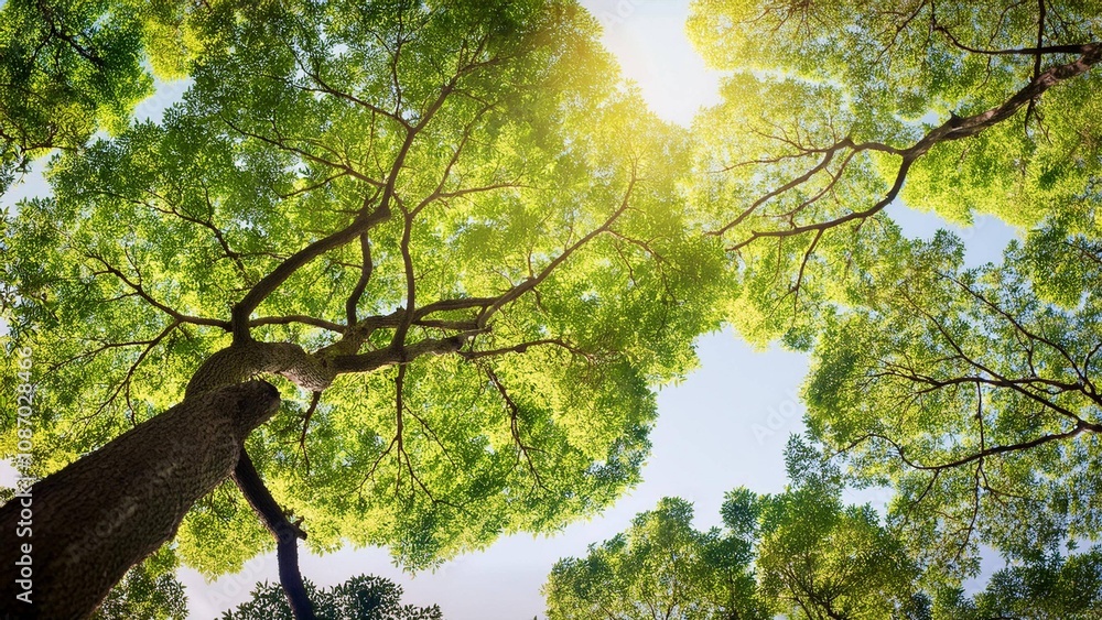 Naklejka premium Looking up at tree branches and leaves with sunlight in a forest