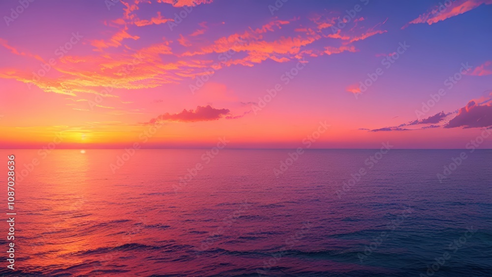 Naklejka premium 海に沈む息をのむような夕日が、空を暖かく鮮やかな色で彩り、水面に反射しています。広がる雲が奥行きとコントラストを加え、リラックスした魅力的な雰囲気を演出します。沈む太陽の黄金の光が、平和と静けさを呼び起こします。