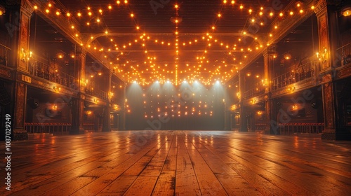 Empty stage in a large, dimly lit room with wooden floors and string lights.