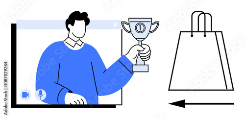 Person holding a trophy on video call screen symbolizing achievement. Nearby shopping bag with arrow pointing towards it. Ideal for remote success, achievements, online meetings, e-commerce, video