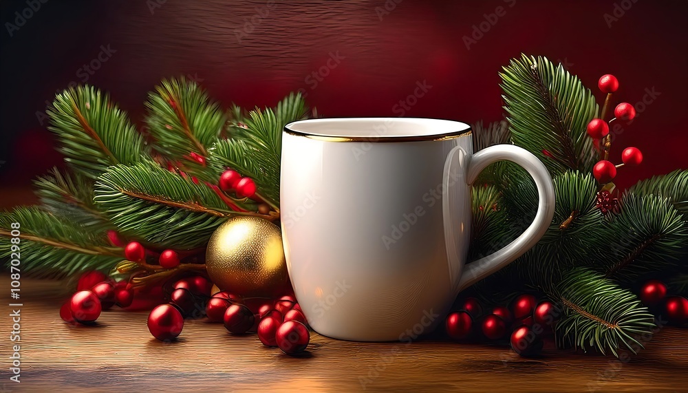 Festive Christmas tea mug on wooden table surrounded by pine branches and red berries inviting warm holiday cheer. Generative AI Festive Christmas tea mug on wooden table surrounded by pine branches and red berries inviting warm holiday cheer. Generative AI