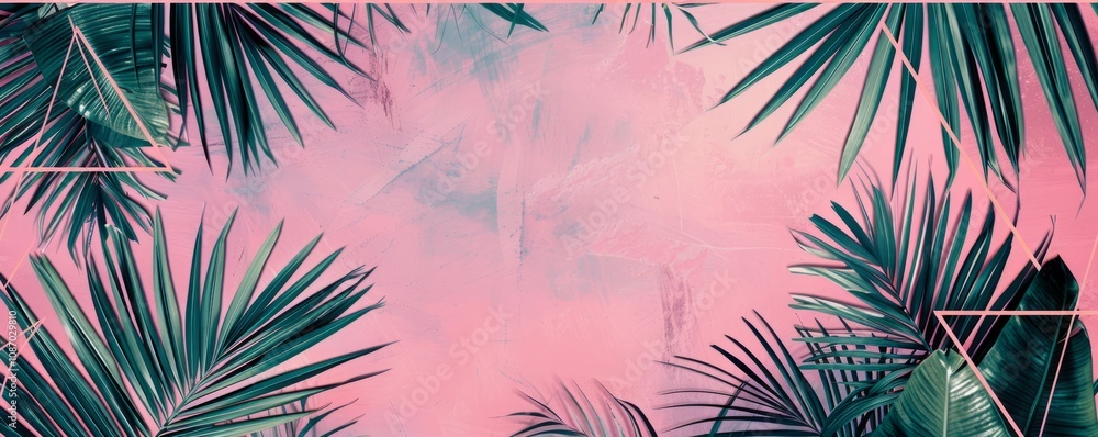 Pink, Palm Plant Border with Triangle Botanical Frame. Modern Design Pink, Palm Plant Border with Triangle Botanical Frame. Modern Design
