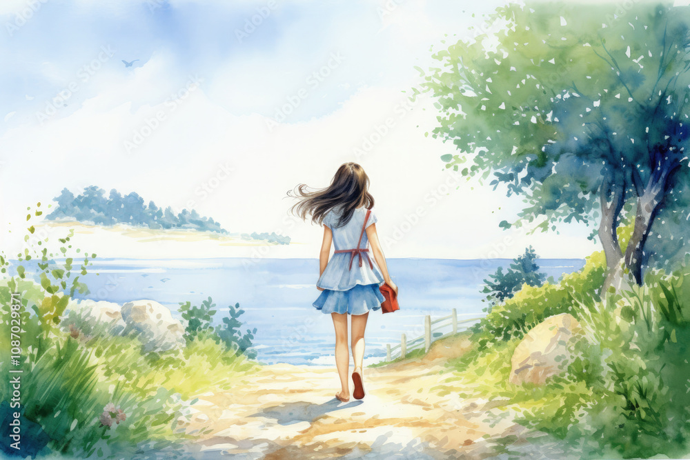 Back view a girl in a blue dress walking on a sand path with a blue sea in the background, under a cloudy sky. Back view a girl in a blue dress walking on a sand path with a blue sea in the background, under a cloudy sky.