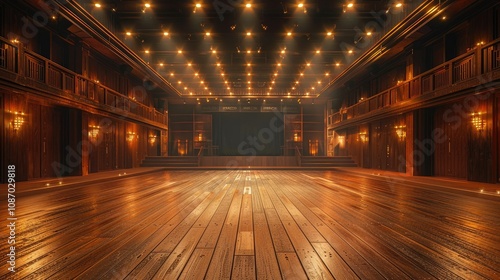 Empty stage in a rustic wooden theater with spotlights and dark curtains.