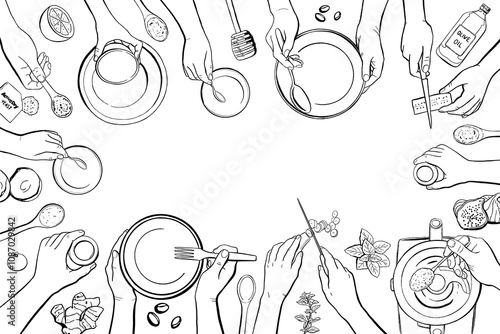 Cooking Class Vector Background. Human Hands Cook Food, Top View