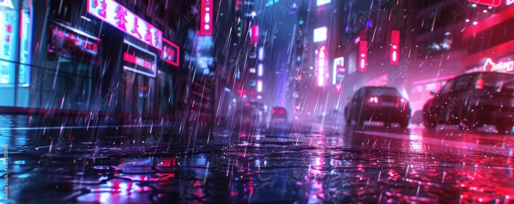 Neon-lit cyberpunk street with rain-soaked pavement, 4K illustration. Neon-lit cyberpunk street with rain-soaked pavement, 4K illustration.