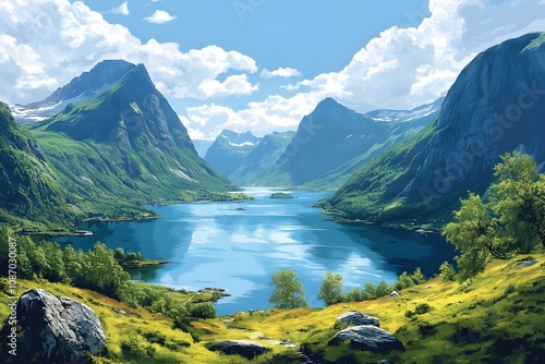 Beautiful landscape vector illustration of mountains, forests, fields and meadows. Stunning panoramic farm landscape with mountains in the background. Natural landscape	
