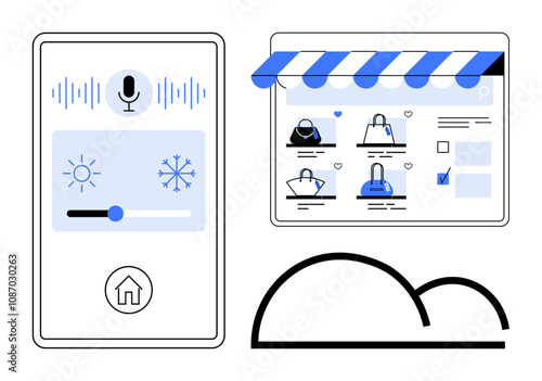 Smart home control panel with voice command and climate control online shopping interface with bags. Ideal for smart home technology, ecommerce, digital interaction, mobile apps, home convenience