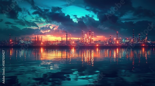 Industrial Cityscape at Sunset Reflected in Water. A Vibrant and Atmospheric Scene