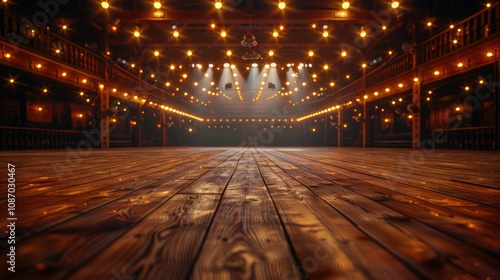 Empty wooden stage in a rustic saloon with warm lighting.