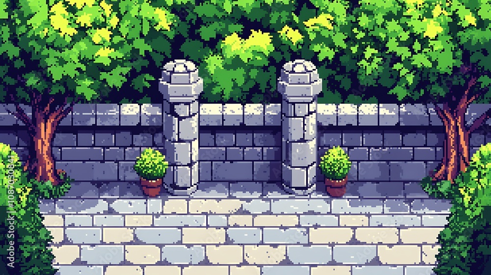 Pixel Art Garden Wall A Charming 8-bit Illustration of a Stone Wall with Lush Greenery. Pixel Art Garden Wall A Charming 8-bit Illustration of a Stone Wall with Lush Greenery.
