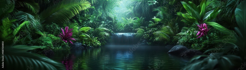 Lush tropical jungle bursting with vibrant blooms and exotic foliage, a paradise of abundant nature. Lush tropical jungle bursting with vibrant blooms and exotic foliage, a paradise of abundant nature.