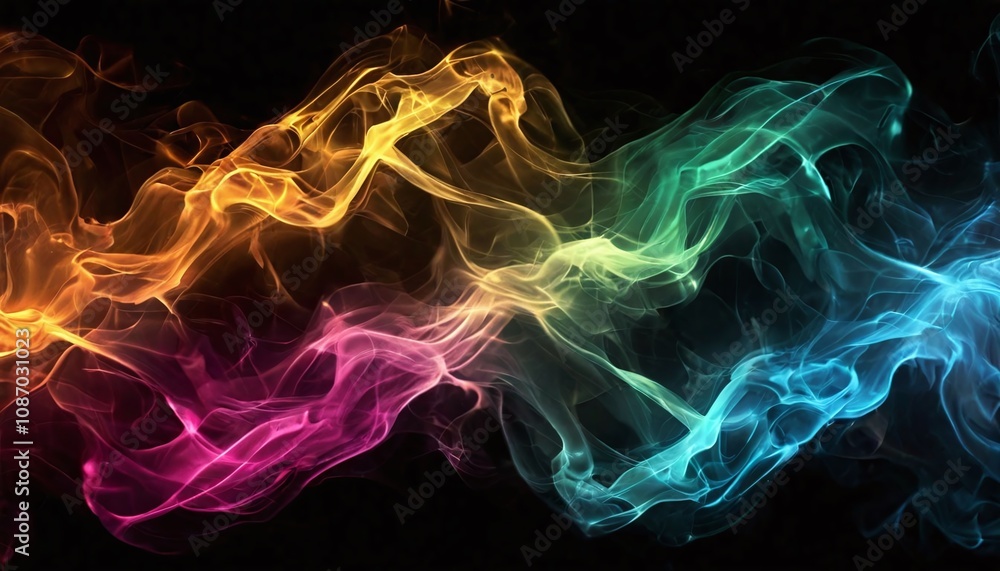 Fototapeta premium Colored smoke creating an abstract pattern on a black background.