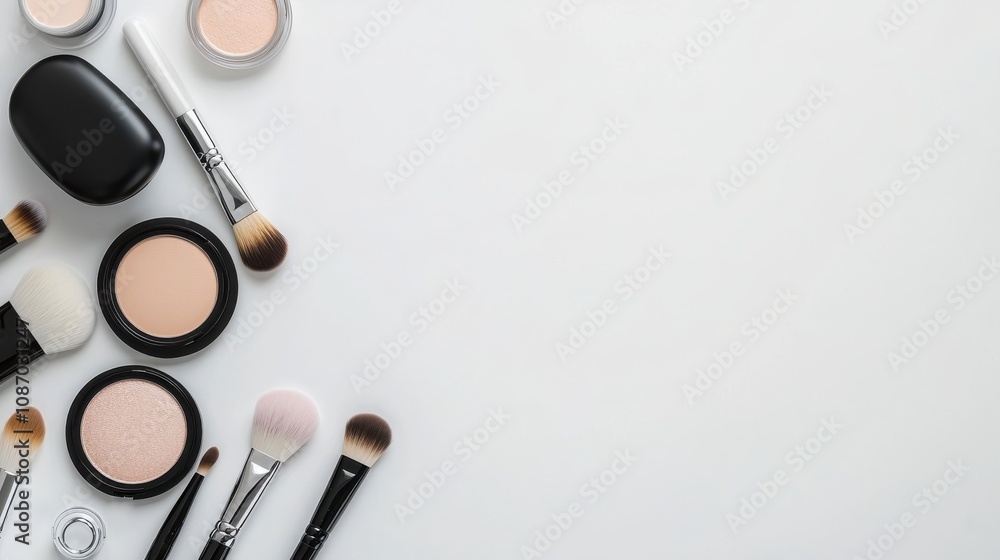 Top-down view of makeup artist tools like brushes, palettes, and foundations, arranged neatly on a white background. Top-down view of makeup artist tools like brushes, palettes, and foundations, arranged neatly on a white background.
