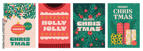 Set of Simple Christmas background, elegant hand drawn style. Merry Christmas and Happy New Year banner. Snowflakes, decorations and Xmas trees elements. Retro clean concept design. Vector Illustrati