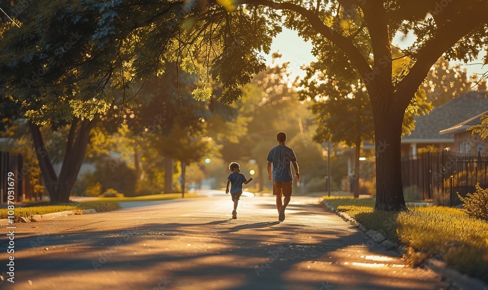 Father and son bond over a morning jog in the neighborhood park, sharing stories and laughter along the way, 4K hyperrealistic photo. Father and son bond over a morning jog in the neighborhood park, sharing stories and laughter along the way, 4K hyperrealistic photo.