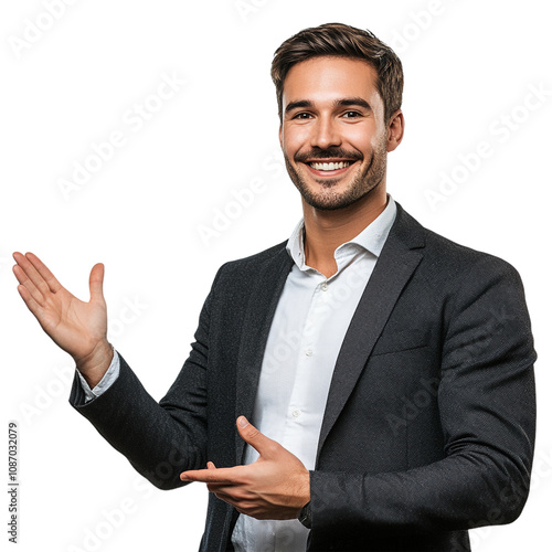 Smiling businessman with his open palm extended to the side against transparent background for business or professional contexts