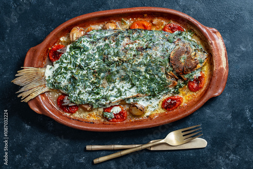 Delicious big crucian carp fish baked in sour cream with herbs and spices in a clay plate and fried vegetables, closeup, top view photo