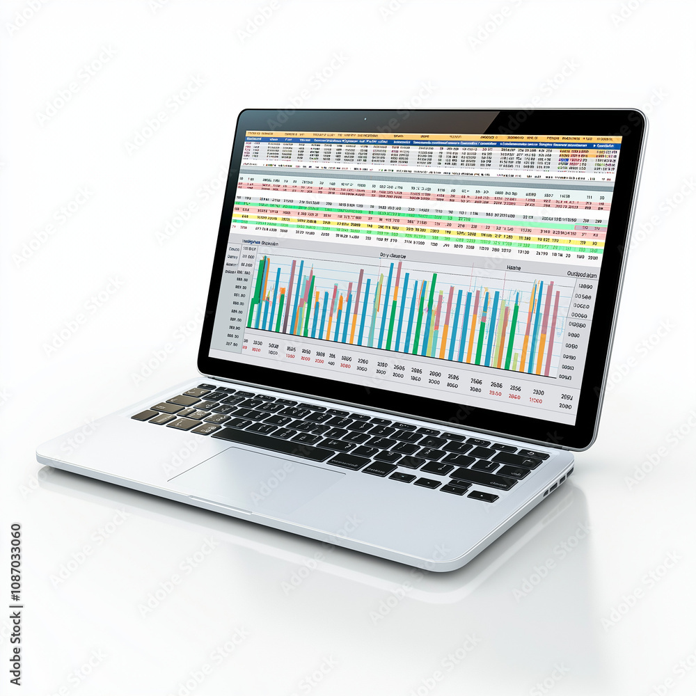 A professional laptop on a white background displaying a financial spreadsheet with rows of numerical data A professional laptop on a white background displaying a financial spreadsheet with rows of numerical data