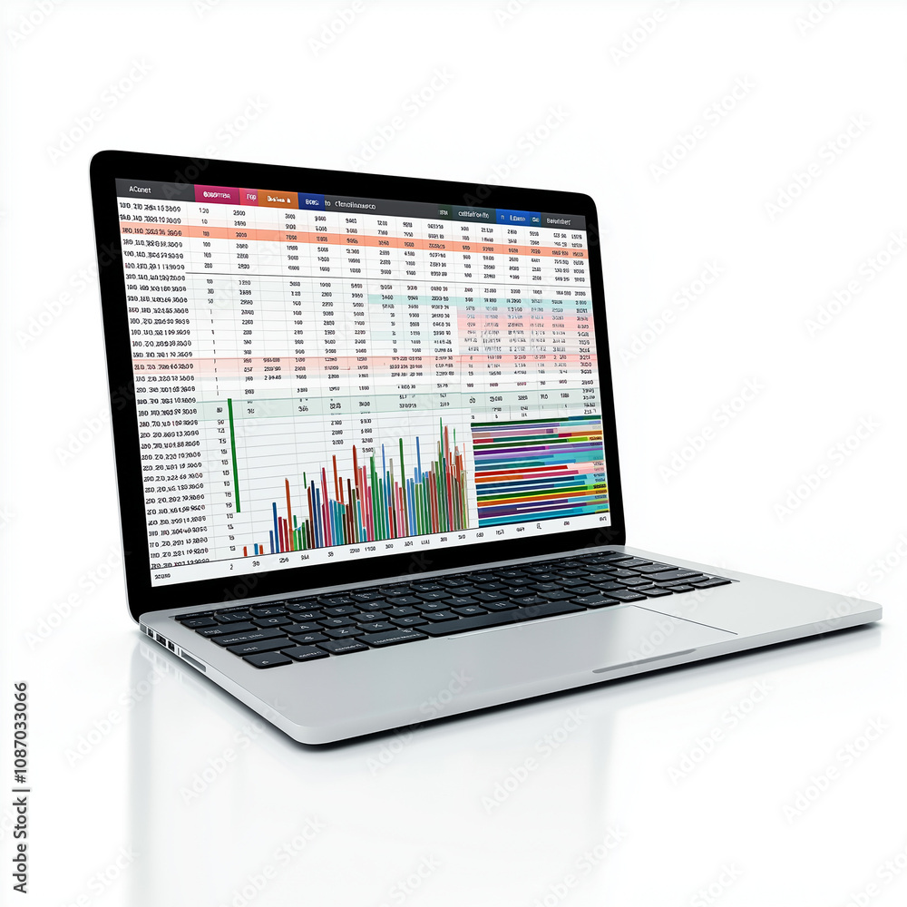 A professional laptop on a white background displaying a financial spreadsheet with rows of numerical data A professional laptop on a white background displaying a financial spreadsheet with rows of numerical data
