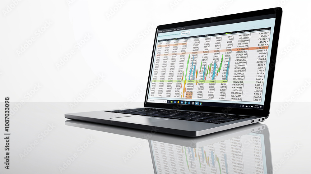 A professional laptop on a white background displaying a financial spreadsheet with rows of numerical data A professional laptop on a white background displaying a financial spreadsheet with rows of numerical data