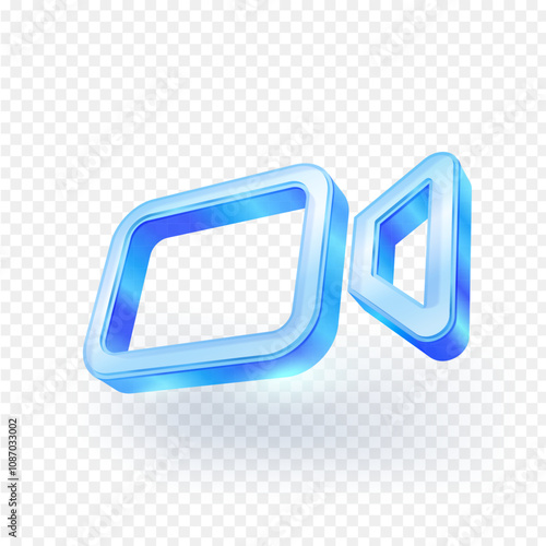 Video camera icon. Transparent glass material isolated on background. Movie icon for social media application interface and web pages. 3D vector illustration file.