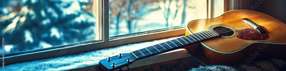Obraz premium An acoustic guitar rests gently on a cozy window seat, its strings humming a familiar, comforting melody.