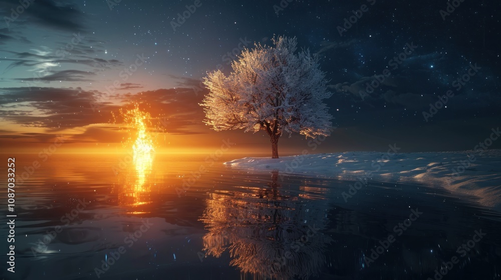 Fototapeta premium Frozen tree with snow on branches stands on an icy lake at sunrise. Stunning winter landscape with a fiery sunset and reflections. Concept of winter, nature, beauty, and solitude.
