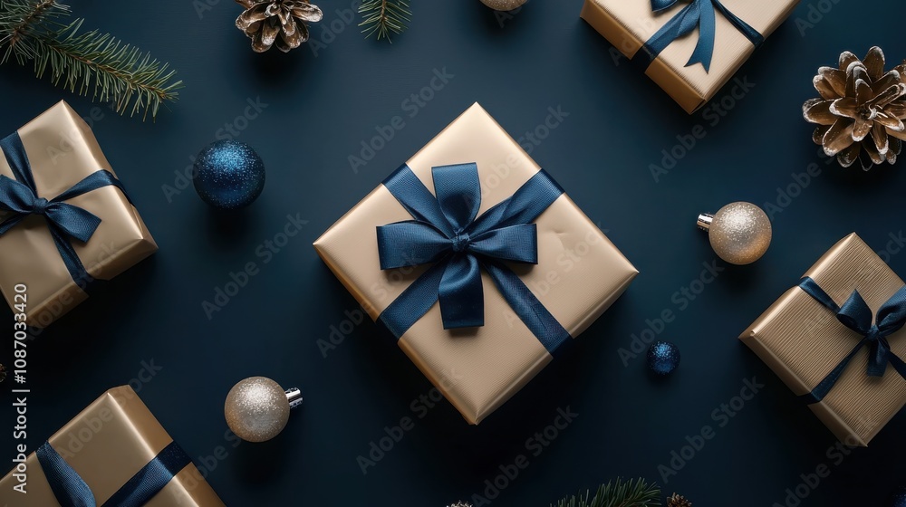 Stylish flat lay of Christmas gifts in gold wrapping with blue bows, surrounded by subtle holiday decor on a deep blue background Stylish flat lay of Christmas gifts in gold wrapping with blue bows, surrounded by subtle holiday decor on a deep blue background