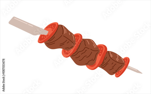 Beef or lamb meat shashlik with tomatoes on a skewer. Traditional Turkish cuisine, shish kebab dish, meat fried on a spit. Vector isolated on white flat food illustration.