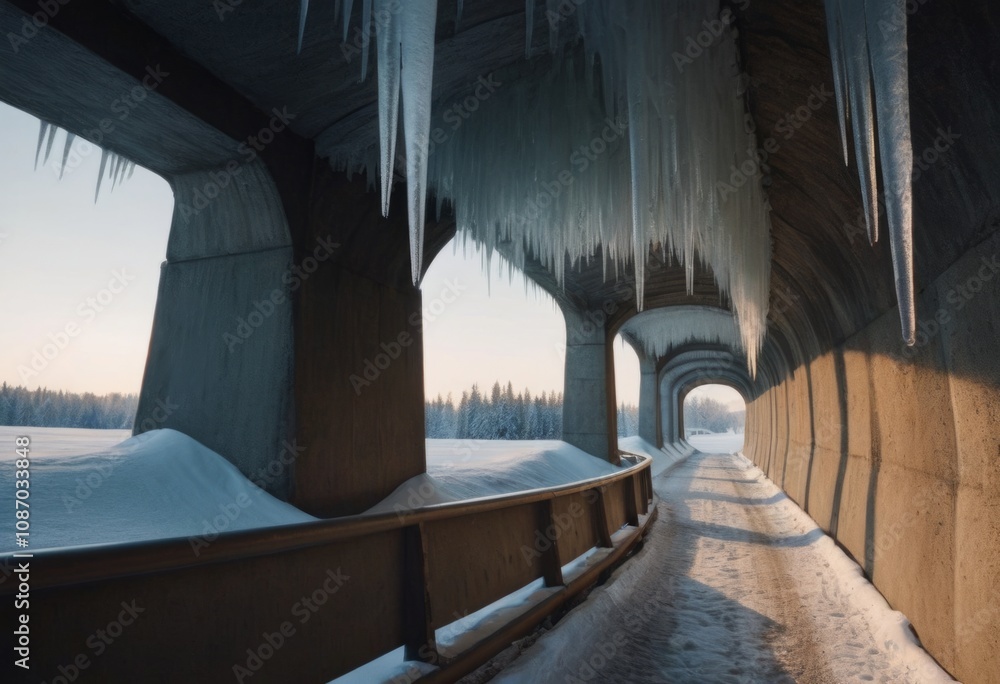 AI generated icicles in a tunnel on a winter day. Winter landscape. AI generated icicles in a tunnel on a winter day. Winter landscape.