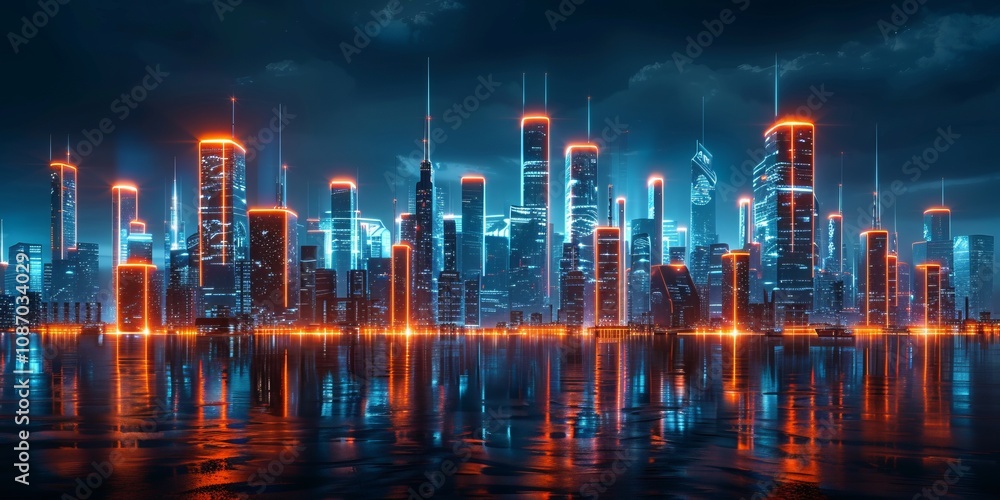 Futuristic city skyline with orange and blue neon lights. Night scene with advanced skyscrapers. 3D Render.