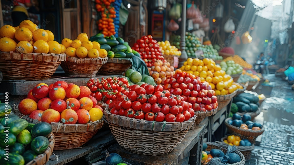 Fresh produce displayed in baskets at a bustling outdoor market. Fresh produce displayed in baskets at a bustling outdoor market.