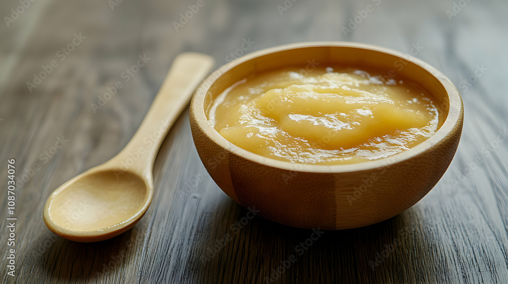 A Close-Up View of a Wooden Bowl Filled with Smooth and Creamy Apple Sauce, Garnished with a Wooden Spoon, Set Against a Rustic Wooden Background. A Close-Up View of a Wooden Bowl Filled with Smooth and Creamy Apple Sauce, Garnished with a Wooden Spoon, Set Against a Rustic Wooden Background.