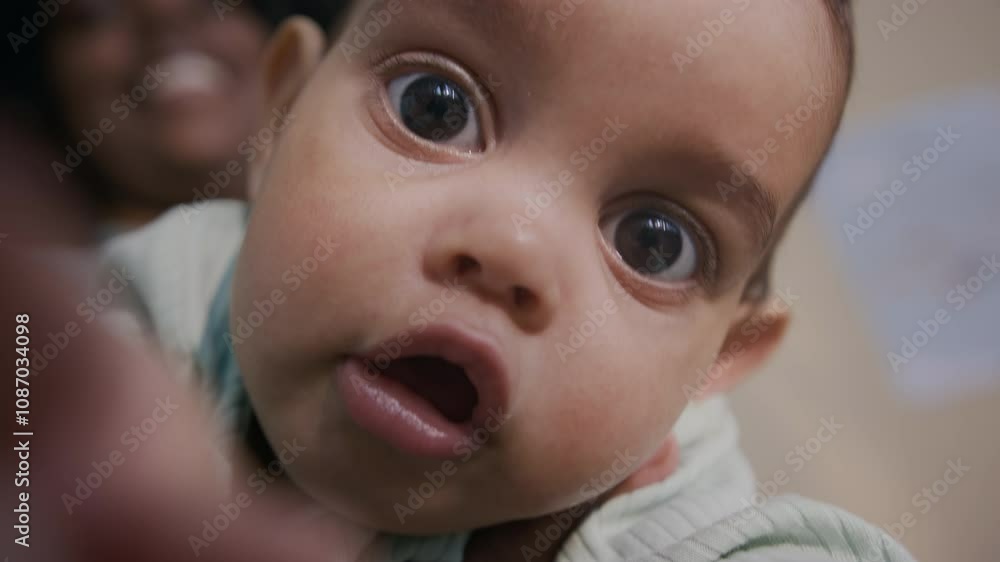 Adorable multiethnic newborn baby boy in light blue jumpsuit touching camera by hands and looking at you against his mother communicating on mobile phone Adorable multiethnic newborn baby boy in light blue jumpsuit touching camera by hands and looking at you against his mother communicating on mobile phone