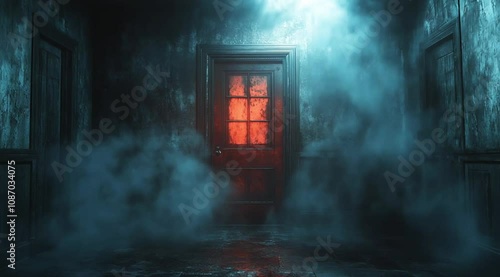 Horror scene of door with smoky atmosphere, Camera slow motion with different angles