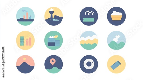 A Set of Twelve Circular Icons Depicting Various Scenes and Objects