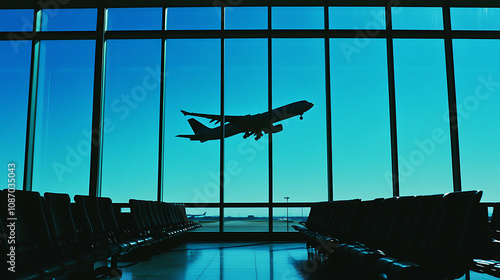 dynamic capture of plane taking off against bright blue sky, viewed from inside airport terminal. silhouette of aircraft contrasts beautifully with glass windows, creating sense of adventure and