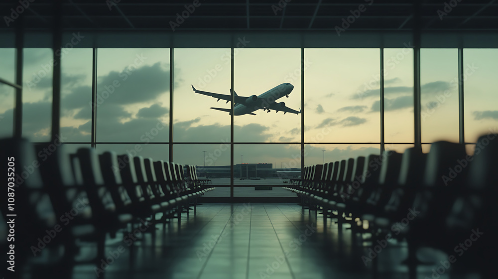 Fototapeta premium airplane takes off against stunning sunset backdrop, viewed from airport terminal. scene captures anticipation and excitement of travel