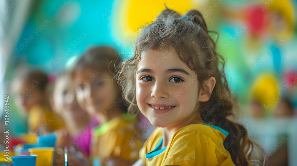 Smiling Girl in Yellow Shirt at Art Class with Blurred Background Smiling Girl in Yellow Shirt at Art Class with Blurred Background