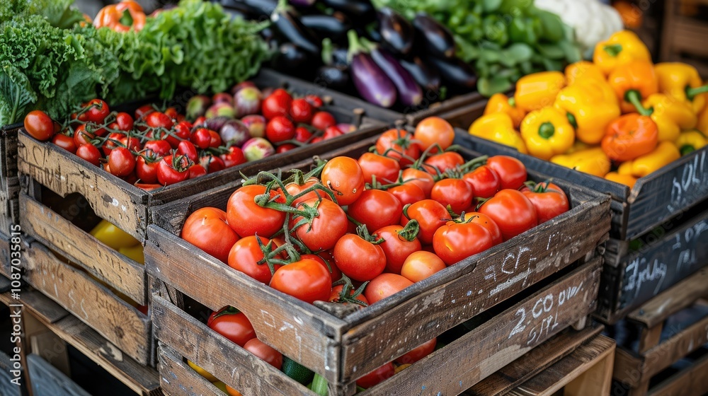 Fresh red tomatoes in wooden crates at a market stall, next to other vegetables like peppers and eggplant. Fresh red tomatoes in wooden crates at a market stall, next to other vegetables like peppers and eggplant.