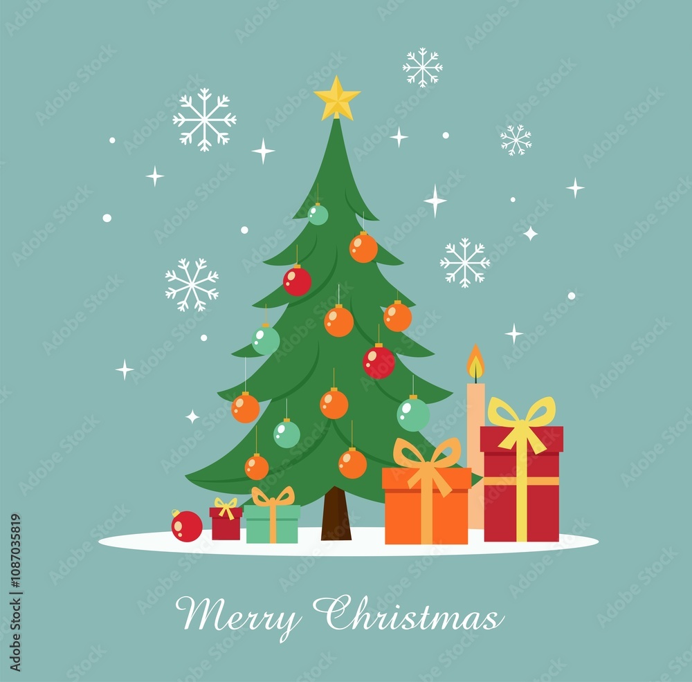 Christmas card with christmas tree and gifts Christmas card with christmas tree and gifts