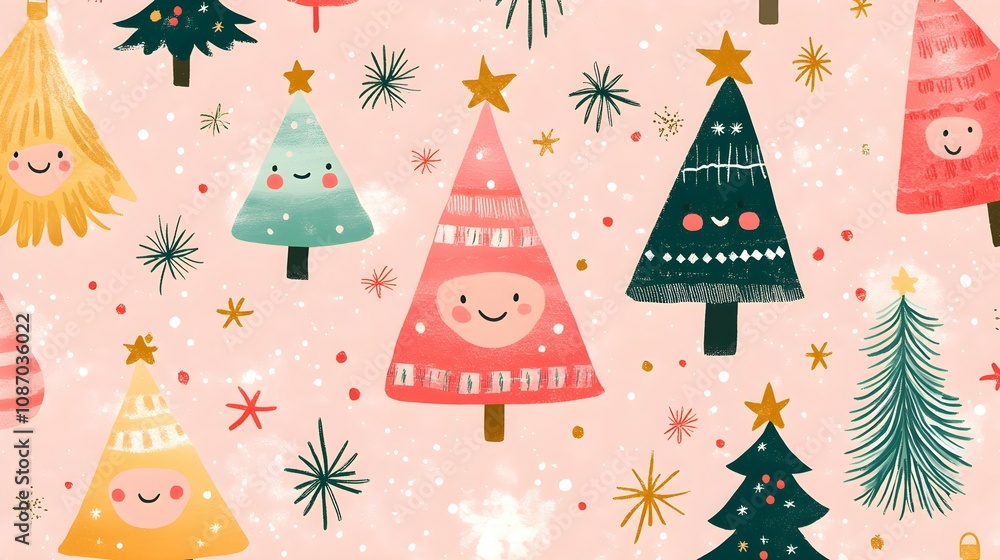 Festive and Fun Christmas Pattern with Cute Smiley Faces, Soft Pink Background, Adorable Christmas Trees, and Bright Stars for a Merry Holiday Celebration Festive and Fun Christmas Pattern with Cute Smiley Faces, Soft Pink Background, Adorable Christmas Trees, and Bright Stars for a Merry Holiday Celebration