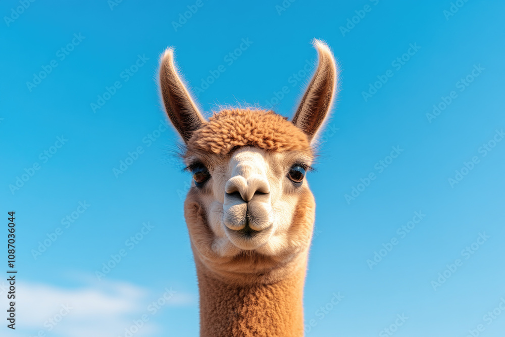 Obraz premium Llama portrait open field animal photography clear sky close-up view wildlife awareness
